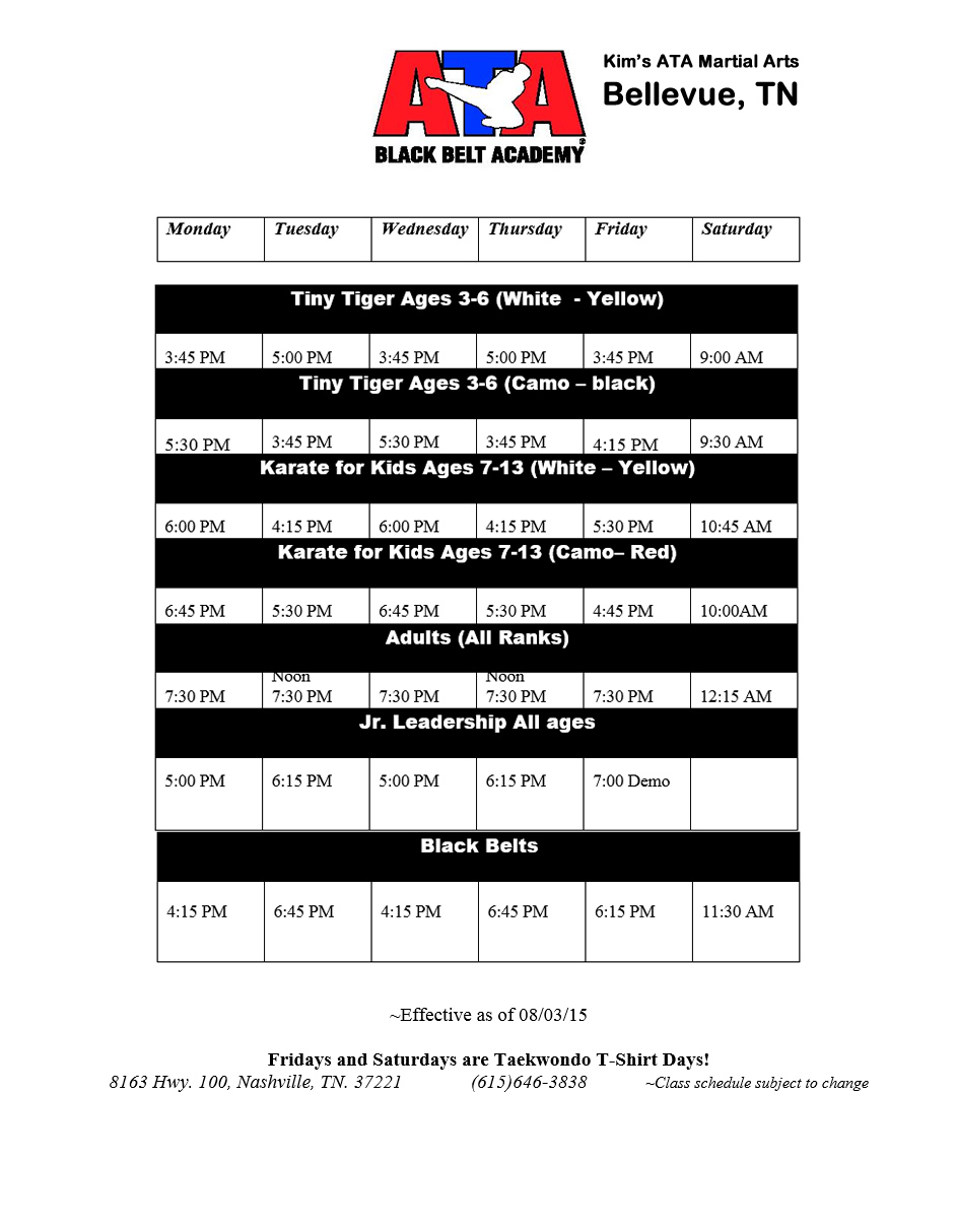  Schedule ATA Nashville Lee's ATA Martial Arts, Brentwood, TN