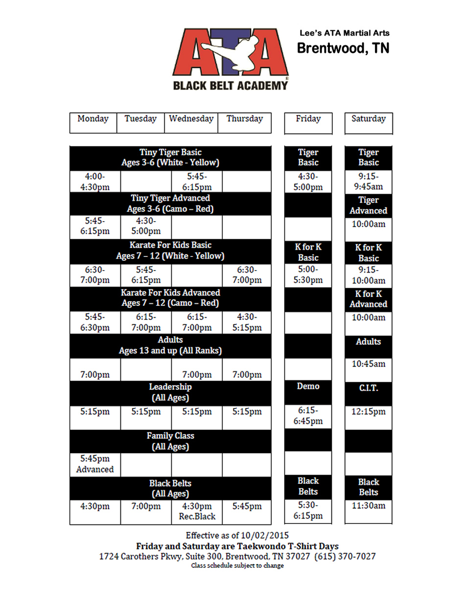  Schedule ATA Nashville Lee's ATA Martial Arts, Brentwood, TN